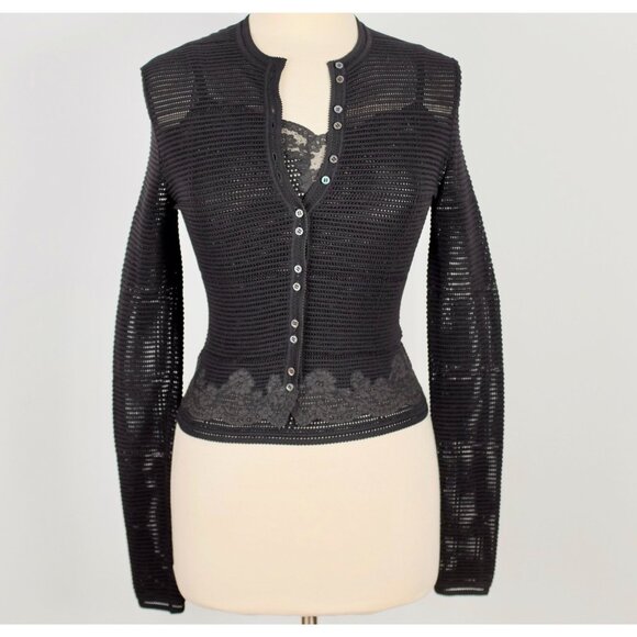 Y2K John Galliano 90s cardigan top twinset sweater sz S black open knit lace - Picture 3 of 14